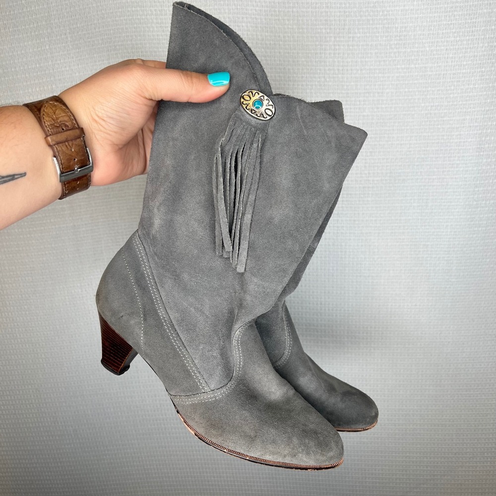 Vintage Grey Suede Western Mid Calf Boots 7M Concho Fringe Kitten Heel USA‎ Made